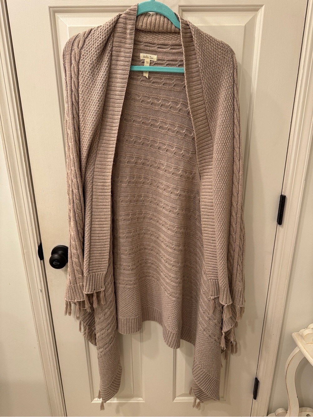 Matilda Jane Taupe Cable-Knit Fringe Open-Front Shrug